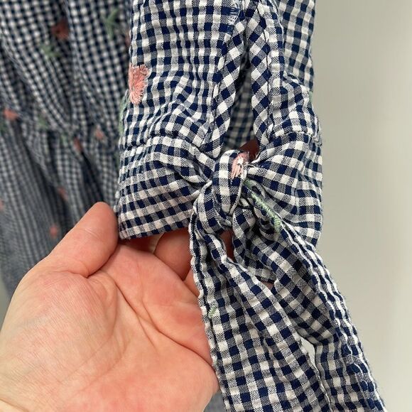 Le Lis blue gingham checkered floral flower embroidery off shoulder mini dress S - Picture 4 of 5